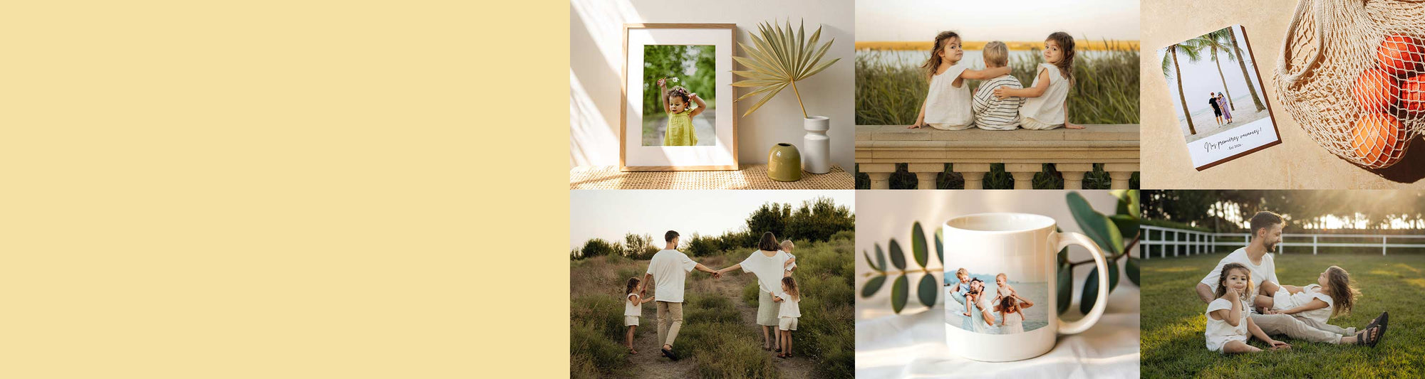 Bannière estivale présentant un collage de produits photo personnalisés (livre photo, mug, tirages encadrés) et de moments en famille pendant les vacances d'été.